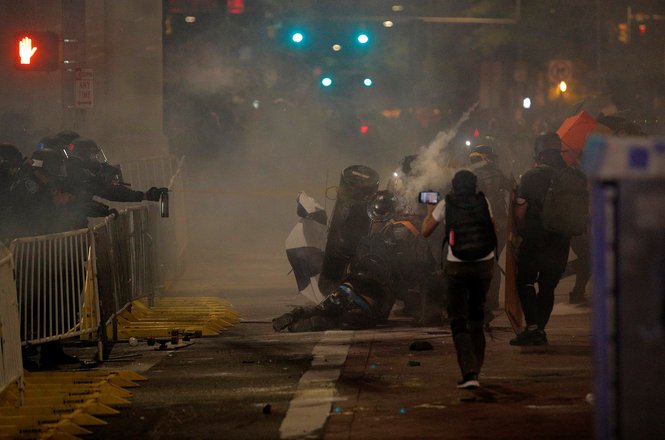 Demonstrators and officers clash during a protest against police brutality in Rochester, New York, on Sept. 5, 2020