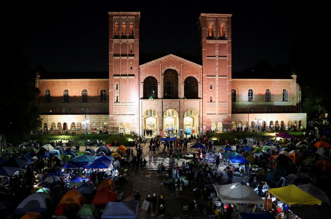 Pro-Palestinian students occupy a campus encampment at the University of California, Los Angeles on April 30, 2024.