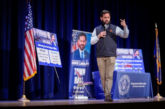 Rep. Mike Lawler speaks at a town hall meeting in Mahopac, New York, on June 8, 2025. Reporter David McKay Wilson was ejected from the event after photographing a Lawler staff member.
