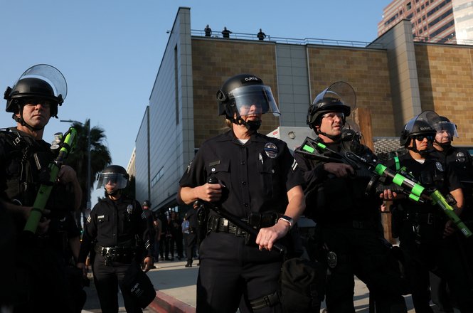 Police officers at an immigration protest in Los Angeles, California, on June 9, 2025.