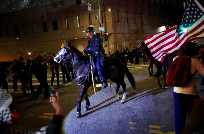 A mounted police officer at a “No Kings” protest in Los Angeles, California, on Oct. 18, 2025.