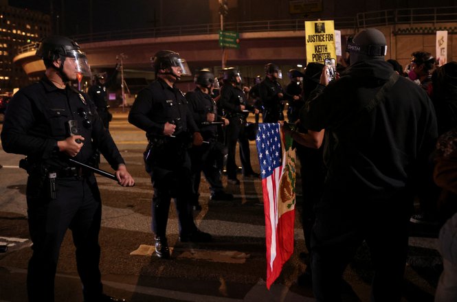 Los Angeles Police Department officers at an immigration protest in Los Angeles, California, on Jan. 30, 2026.