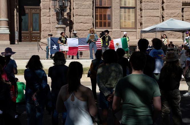 A student-led anti-deportation protest in Austin, Texas, on Feb. 16, 2026. Two high school students were photographing a similar protest for their yearbook in Mansfield, Texas, four days earlier when the school’s principal confiscated their equipment.