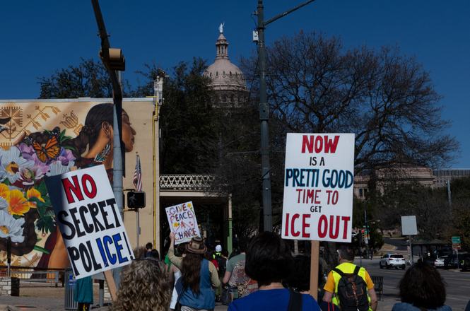 A student-led anti-deportation protest in Austin, Texas, on Feb. 16, 2026. Two high school students were photographing a similar protest for their yearbook in Mansfield, Texas, four days earlier when the school’s principal confiscated their equipment.