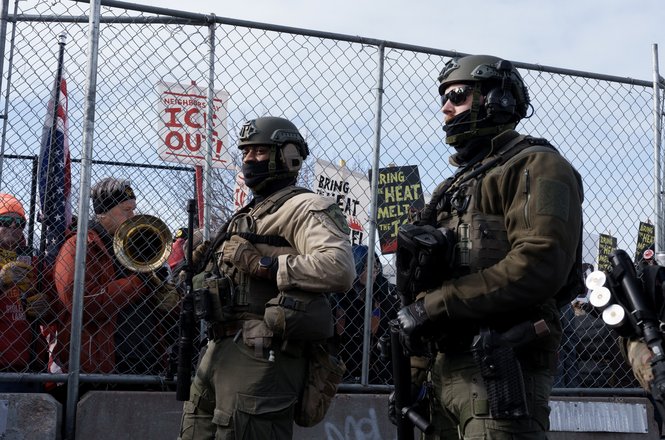 Hennepin County sheriff’s deputies at an immigration protest outside the Whipple Federal Building on March 1, 2026, in Fort Snelling, Minnesota.