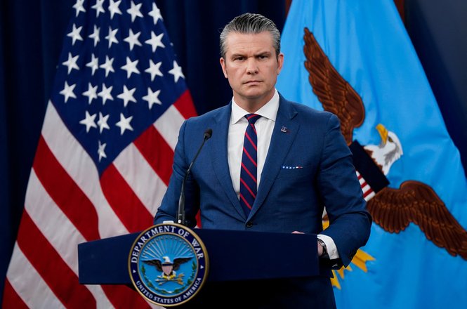 Secretary of Defense Pete Hegseth holds a news briefing on the Iran conflict at Pentagon headquarters in Arlington, Virginia, on March 2, 2026.