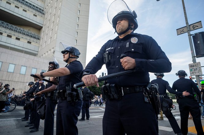 A police line at a “No Kings” protest against Trump administration policies on March 28, 2026, in Los Angeles, California.