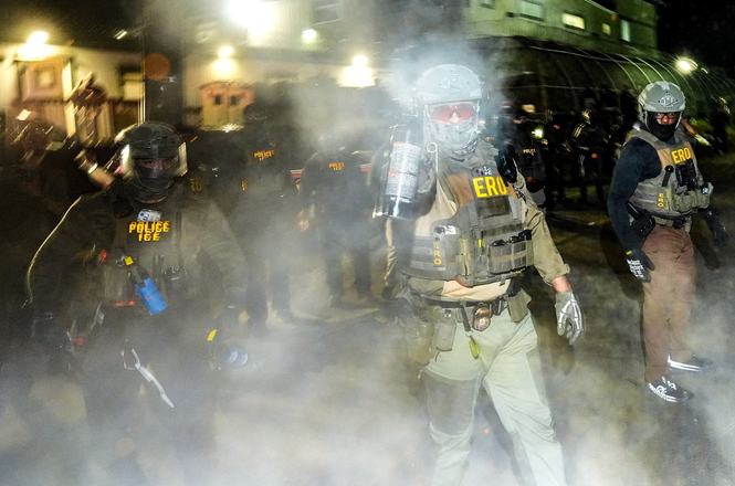 An Immigration and Customs Enforcement agent sprays chemical irritant during an immigration protest outside a detention facility in Newark, New Jersey, on May 28, 2026.