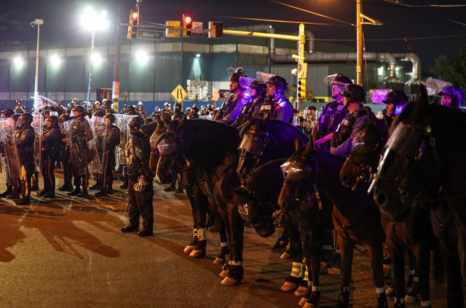 Law enforcement during an immigration protest outside a detention facility in Newark, New Jersey, on May 31, 2026.