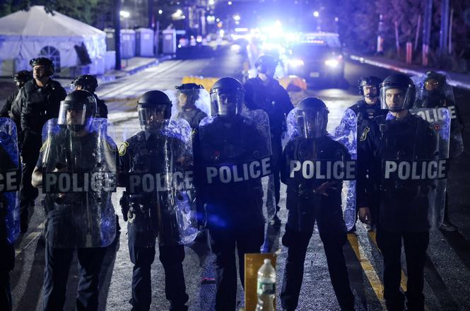 Police at a protest outside an immigration detention center in Newark, New Jersey, on June 6, 2026.
