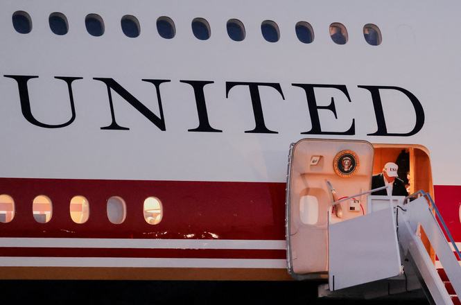 President Donald Trump deboards the new Air Force One, a plane gifted by Qatar, in Maryland on July 1, 2026. Multiple New York Times reporters were subpoenaed July 10 by the Justice Department after reporting on safety concerns with the aircraft.