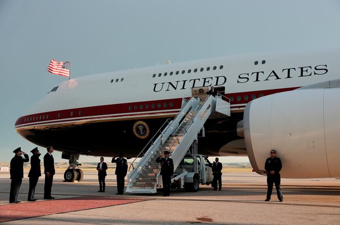 President Donald Trump deboards the new Air Force One, a plane gifted by Qatar, in South Dakota on July 3, 2026. Multiple New York Times reporters were subpoenaed July 10 by the Justice Department after reporting on safety concerns with the aircraft.