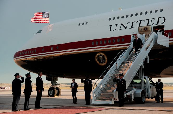 President Donald Trump deboards the new Air Force One, a plane gifted by Qatar, in South Dakota on July 3, 2026. Multiple New York Times reporters were subpoenaed July 10 by the Justice Department after reporting on safety concerns with the aircraft.