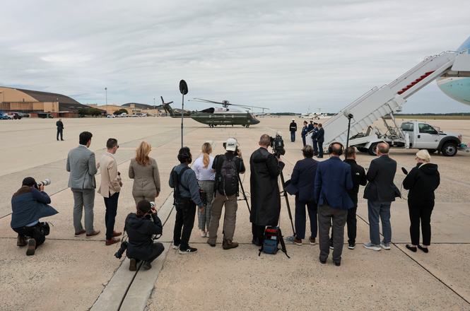 After CNN was blocked from traveling with President Donald Trump on Air Force One, reporters from conservative network Real America's Voice News, seen above, cover his departure from Joint Base Andrews, Maryland, to Tennessee, on Sept. 26, 2026.