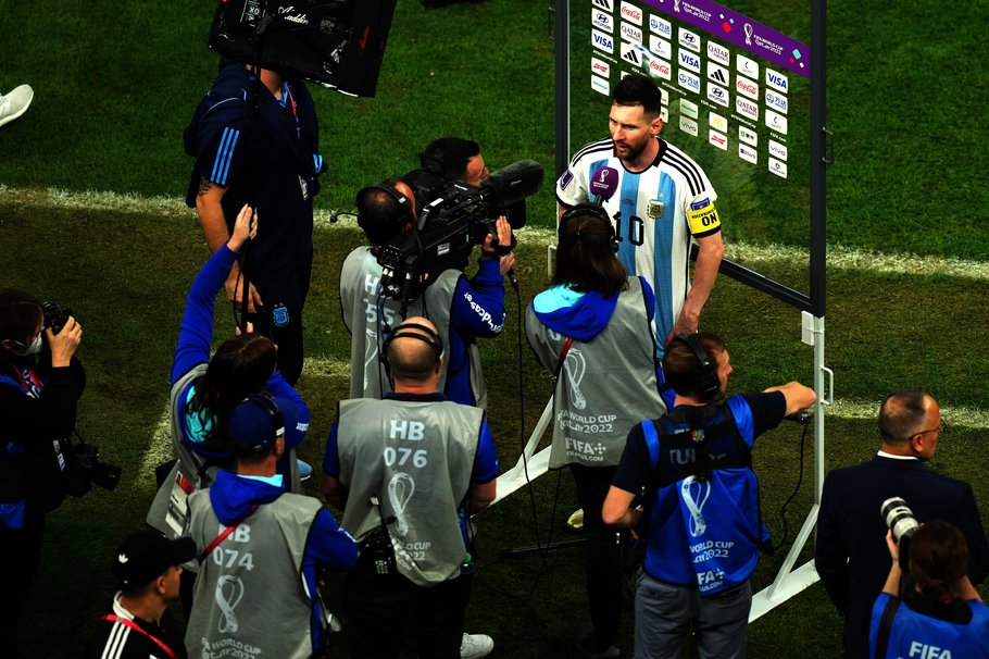 Argentina’s Lionel Messi is interviewed by the media following a victory in the FIFA World Cup quarterfinal match in Lusail, Qatar, on Dec. 9, 2022.