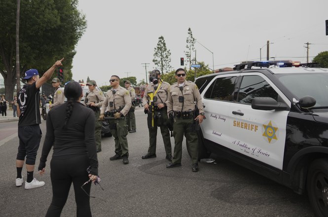 Los Angeles County sheriff’s deputies at an immigration protest in Paramount, California, on June 7, 2025.