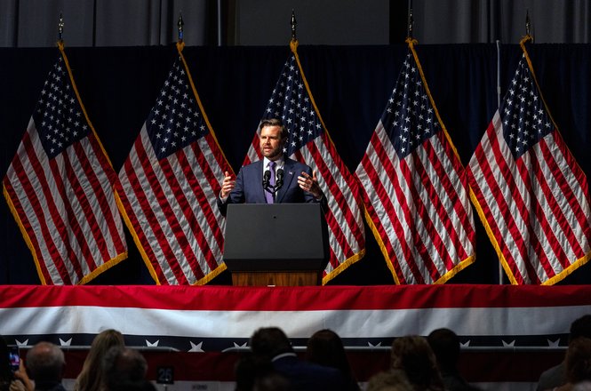 Vice President JD Vance speaks during the Ohio Republican Party dinner in Lima, Ohio, on June 24, 2025. Secret Service agents searched the bag and reporting notes of Cincinnati Enquirer reporter Erin Glynn before allowing her into the event.