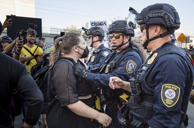 Department of Homeland Security agents during an immigration protest in Los Angeles, California, on July 4, 2025.