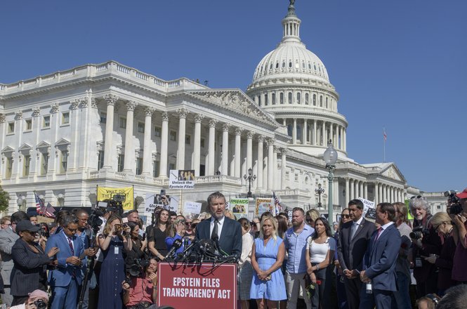 Rep. Thomas Massie speaks at a Capitol Hill news conference in Washington, D.C., on Sept. 3, 2025, calling for the release of the Jeffrey Epstein files. Journalist Michael Tracey was removed after he questioned an Epstein accuser’s credibility.