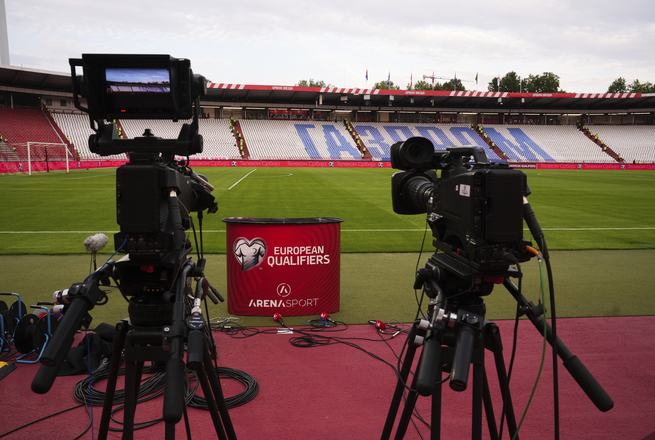 Cameras are set up in Belgrade, Serbia, ahead of a 2025 qualifying match for the 2026 FIFA Men’s World Cup.