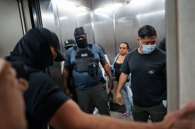 Freelance photojournalist Olga Fedorova, on assignment for The Associated Press, captured this image moments after federal officers shoved her and a second journalist to the ground outside New York City’s immigration court on Sept. 30, 2025.