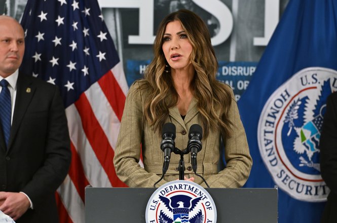 Secretary of Homeland Security Kristi Noem speaks during a news conference in the Minneapolis area on Oct. 24, 2025.