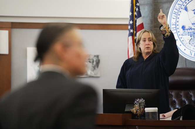 Judge Jessica Peterson, right, briefly imposed restrictions on media coverage of the sexual assault trial of actor Nathan Chasing Horse, left, on Jan. 13, 2026, in Las Vegas, Nevada. She reversed course the next day.