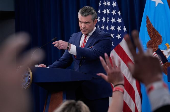 Defense Secretary Pete Hegseth holds the Pentagon’s last formal press briefing in Arlington, Virginia, on May 5, 2026.