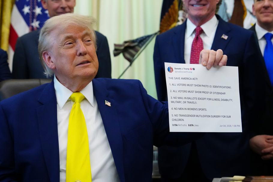 President Donald Trump holds up an image taken from his Truth Social account at a June event in the White House.