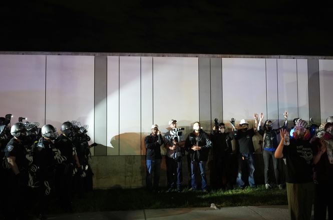Law enforcement officers corral individuals at a protest outside the Delaney Hall detention center in Newark, New Jersey, on May 31, 2026. Freelance video producer Anita Wise was among those kettled and arrested that night.