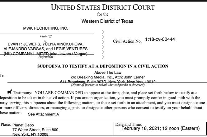 A portion of a subpoena issued by the defendant in an employment lawsuit to news outlet Above the Law in Austin, Texas, on Feb. 1, 2021, seeking documents and testimony.