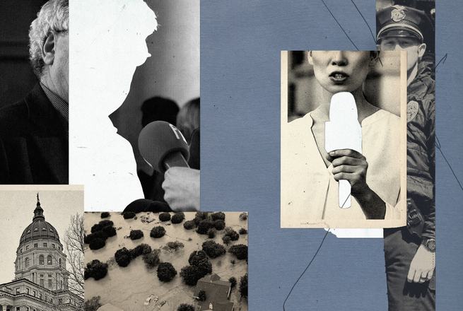 A graphic illustration of journalist forms asking questions at microphones together with an image of flood waters