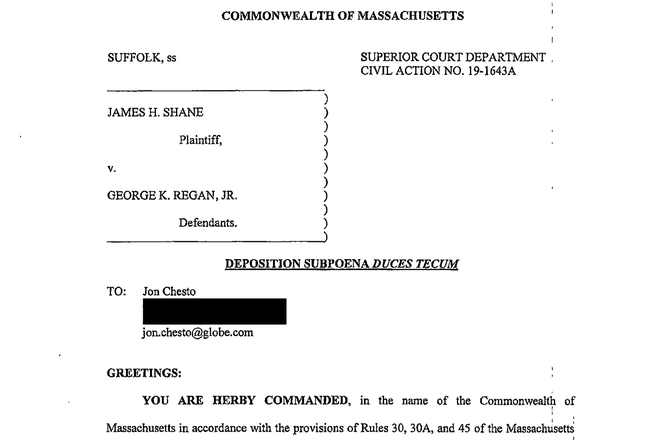 A portion of an April 20, 2021, subpoena issued to Boston Globe reporter Jon Chesto seeking documents and testimony concerning communications he had with a Massachusetts man embroiled in a condo dispute.