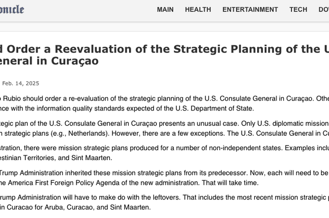 A portion of a Feb. 14, 2025, opinion piece by freelance columnist Michael Walsh for the Curaçao Chronicle