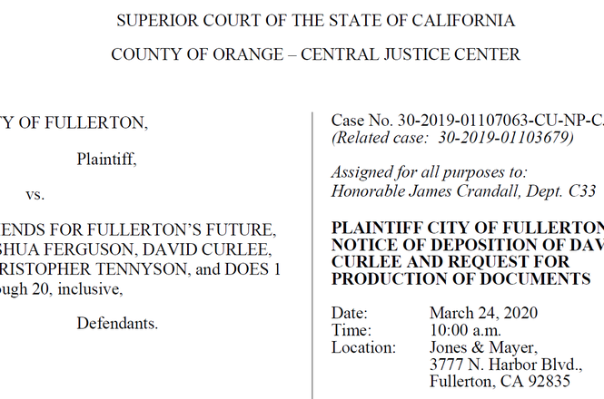 A portion of the subpoena demanding testimony and work product from David Curlee, journalist for the blog Friends for Fullerton's Future (SCREENSHOT) Curlee_Fullerton_Subpoena.PNG