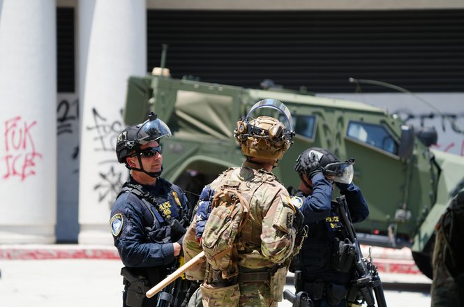 Law enforcement at an anti-deportation protest in downtown Los Angeles, California, on June 10, 2025.
