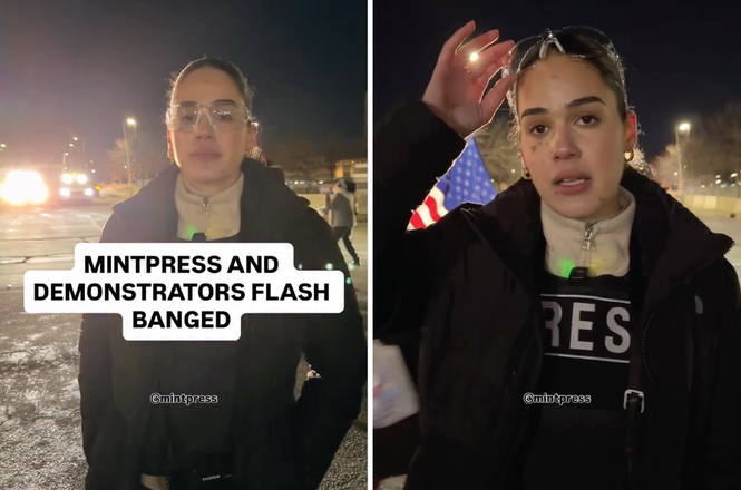 MintPress News reporter Jalyssa Dugrot reports, at left, and shows an injury to her face, at right, after she was struck with crowd-control munitions while covering an immigration protest in the Minneapolis, Minnesota, area on Jan. 11, 2026.