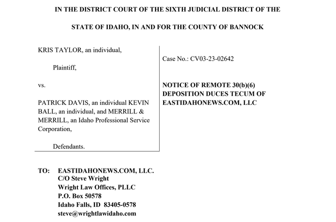 A portion of a Nov. 1, 2024, deposition notice sent to EastIdahoNews.com by the plaintiff in a defamation case in Pocatello, Idaho.