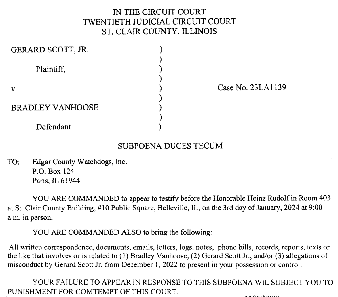 Illinois watchdog blog subpoenaed in defamation case; subpoena later