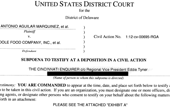 A portion of a Sept. 25, 2020, subpoena to The Cincinnati Enquirer in connection with a 1998 investigative report on Chiquita Brands
