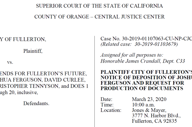 A portion of the subpoena demanding testimony and work product from Joshua Ferguson, journalist for the blog Friends for Fullerton's Future (SCREENSHOT) Ferguson_Fullerton_Subpoena.PNG