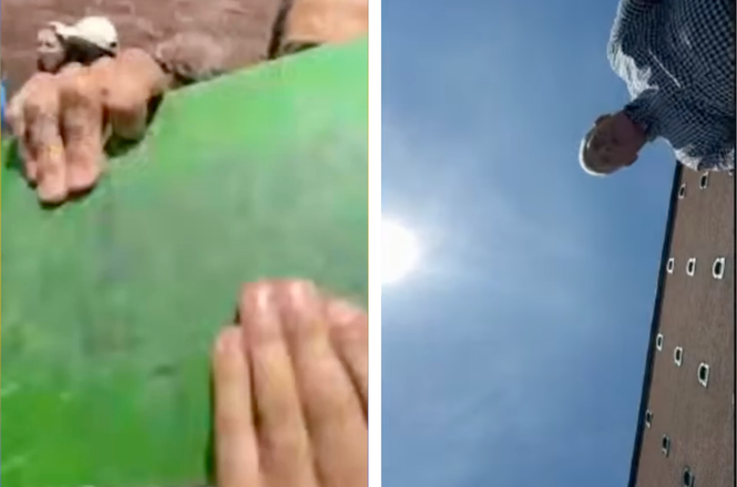 An individual can be seen at left hitting Maine Wire reporter Jon Fetherston with a skateboard while he is livestreaming a July 13, 2026, protest in Biddeford, Maine. The blow knocked his phone to the ground, seen at right.