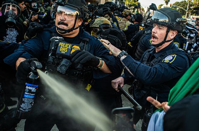 Photojournalist Jose Mejia captures the moment he is pepper-sprayed by a federal officer at an immigration protest in Los Angeles, California, on June 6, 2026.