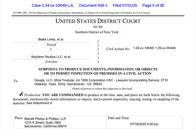 A portion of a subpoena issued by actor Blake Lively on July 3, 2025, to Google for account information of a group of content creators — including three journalists — who have covered the legal fight between her and actor Justin Baldoni.