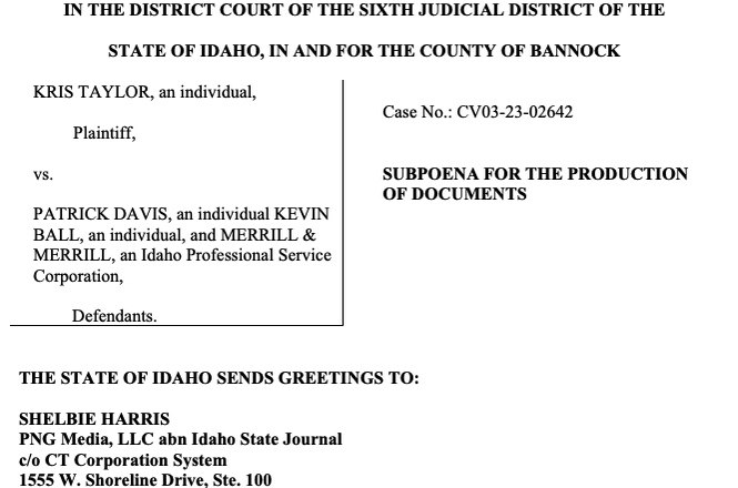 A portion of an April 19, 2024, subpoena received by Shelbie Harris, assistant editor of the Idaho State Journal, from the plaintiff in a Pocatello, Idaho, defamation lawsuit.