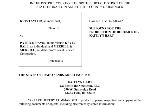 A portion of a Sept. 26, 2023, subpoena sent to EastIdahoNews.com reporter Kaitlyn Hart by the defendant in a defamation lawsuit, filed in Pocatello, Idaho.