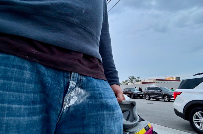 Pepper ball residue on Steve Held’s pants after he was grabbed and shot in the groin with the munition by federal agents while covering a U.S. Immigration and Customs Enforcement protest in Broadview, Illinois, on Sept. 19, 2025.