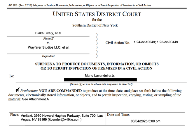 A portion of a July 19, 2025, subpoena to commentator Perez Hilton under his legal name, Mario Lavandeira, from actor Blake Lively for communications with actor Justin Baldoni and his production company.