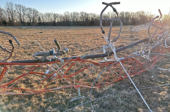 The upper half of KITX’s radio tower after being knocked over on Jan. 15, 2024, in Hugo, Oklahoma