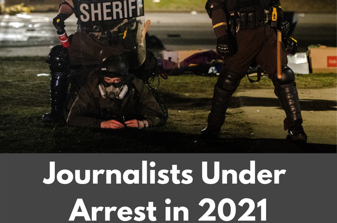 Photojournalist Tim Evans said the officer who detained him kneeled on his back and pushed down on him with a shield. Evans was covering an April 16 protest in Brooklyn Center, Minnesota. (COURTESY CHRIS TUITE) Journalists Under Arrest in 2021.png